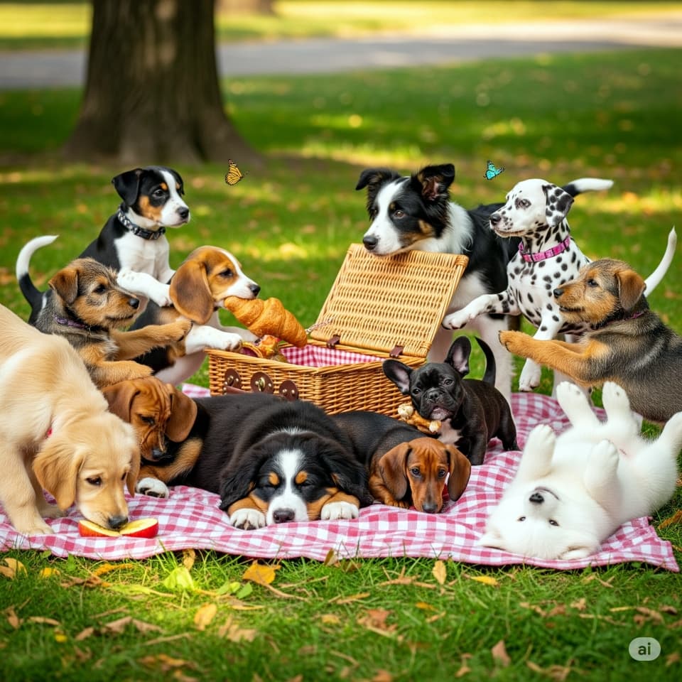 公園でピクニックする子犬たち