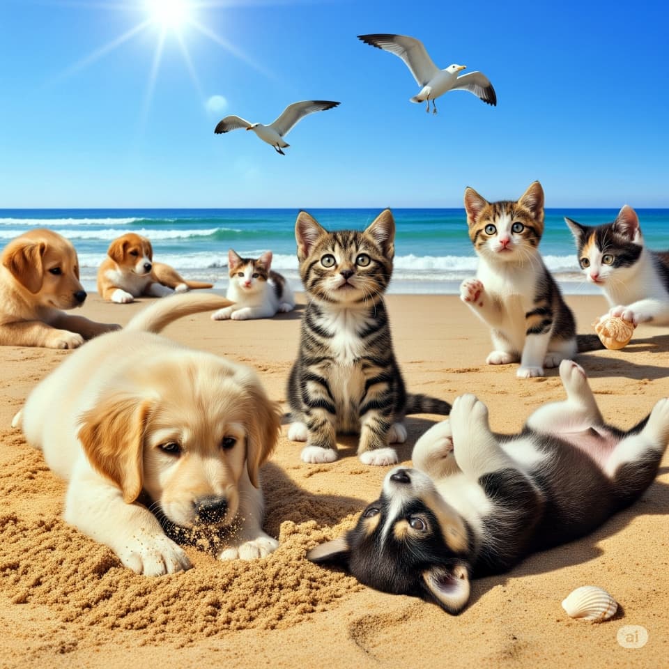 ビーチでくつろぐ子犬と子猫たち(リアル写真風)