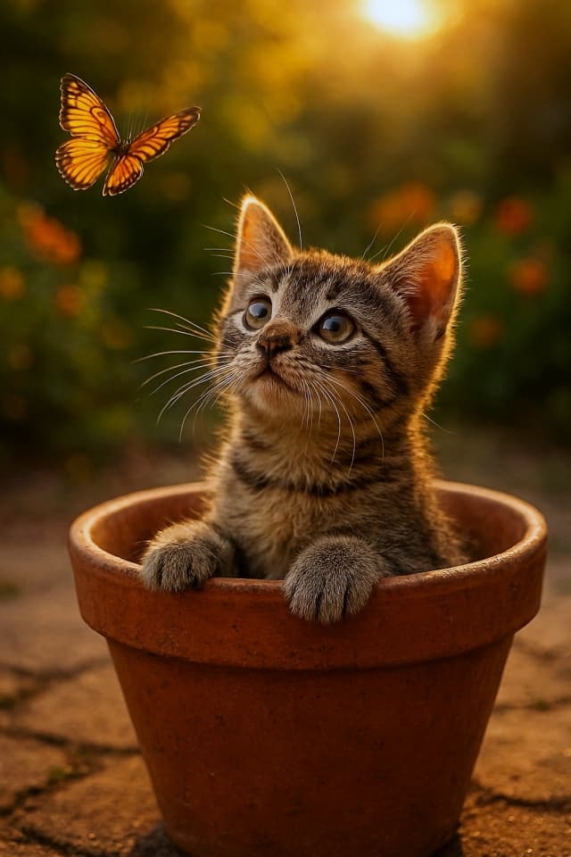 A curious kitten with dirt on its nose sits inside a terracotta flower pot, gazing up at a butterfly in golden hour light on a garden patio. 好奇心いっぱいの子猫がテラコッタ鉢に座り、鼻に土をつけて蝶を見上げている。夕暮れのゴールデンアワーに照らされ、庭の花々と柔らかな光に包まれた温かい雰囲気の写真