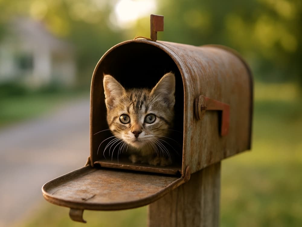 Photorealistic kitten peeking out of a rusty vintage mailbox at the end of a driveway, soft afternoon sunlight, shallow depth of field, whimsical storytelling scene.