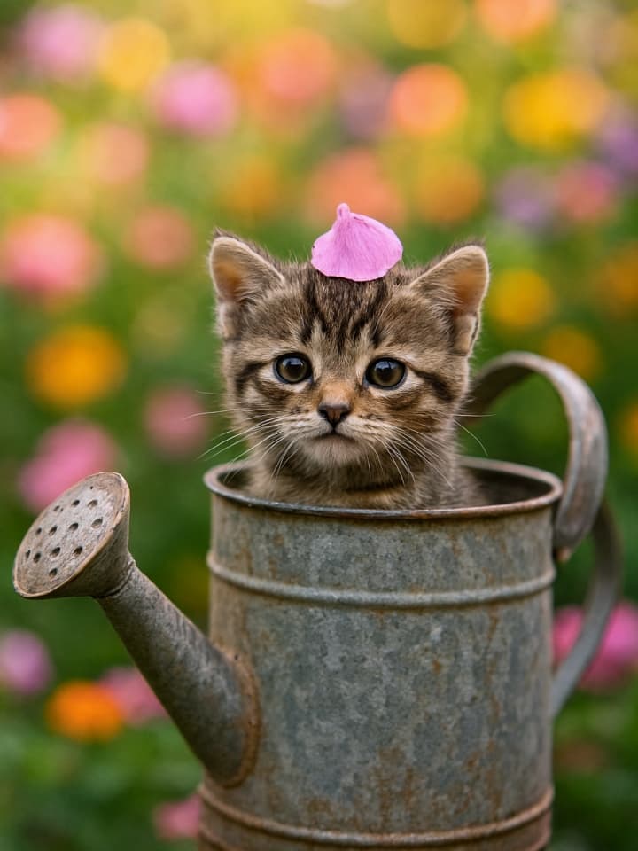 A kitten peeks from a rustic watering can in a blooming garden, with a single flower petal on its head 花咲く庭の錆びたジョウロから顔を出す子猫、頭に花びらをのせた幻想的なシーン