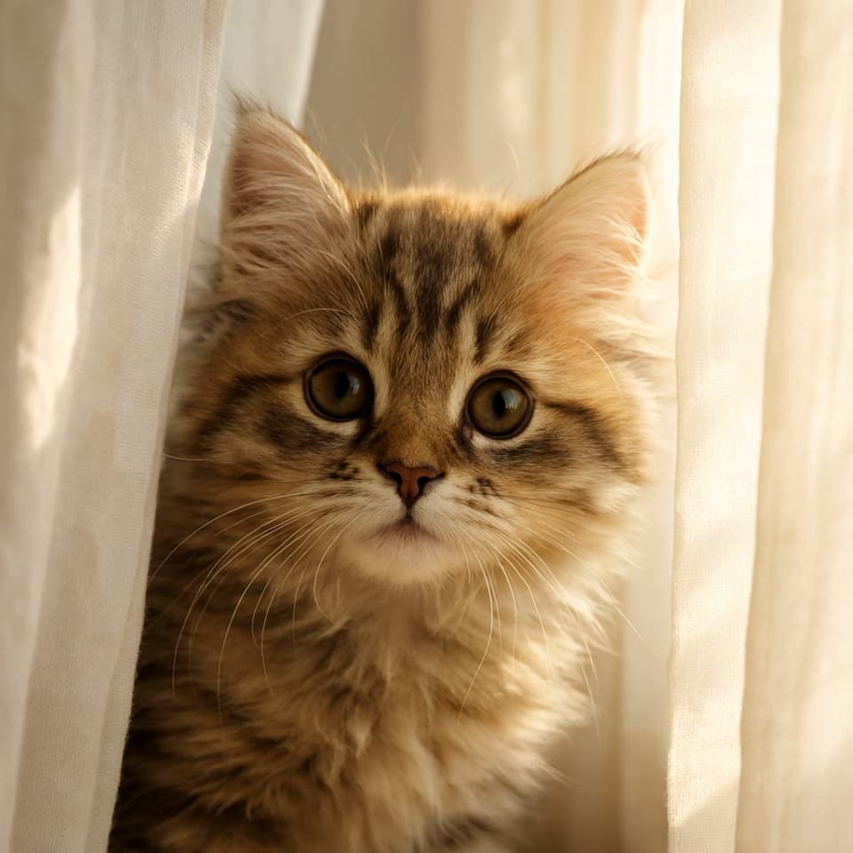 ふわふわの子猫が、柔らかな白いカーテンの間から好奇心いっぱいに顔をのぞかせている(Copilot)