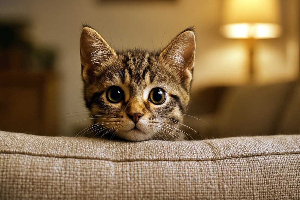 やんちゃな子猫が、居心地のよいソファの背もたれの上から耳を立てて大きな丸い目でのぞいている(Copilot)