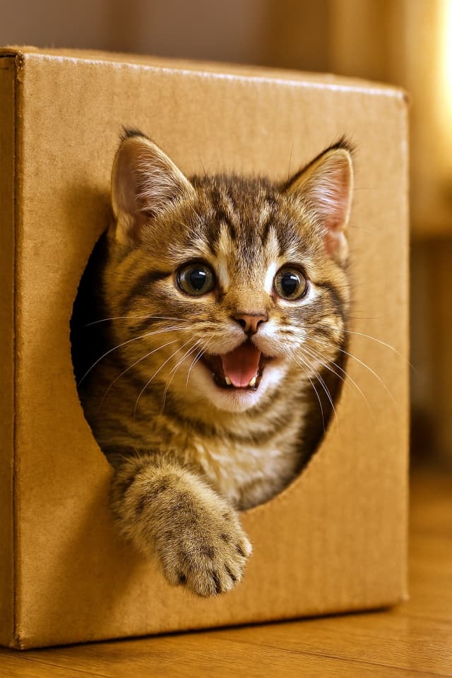 ダンボール箱の丸い穴から、子猫が顔を出して遊んでいる（copilot）