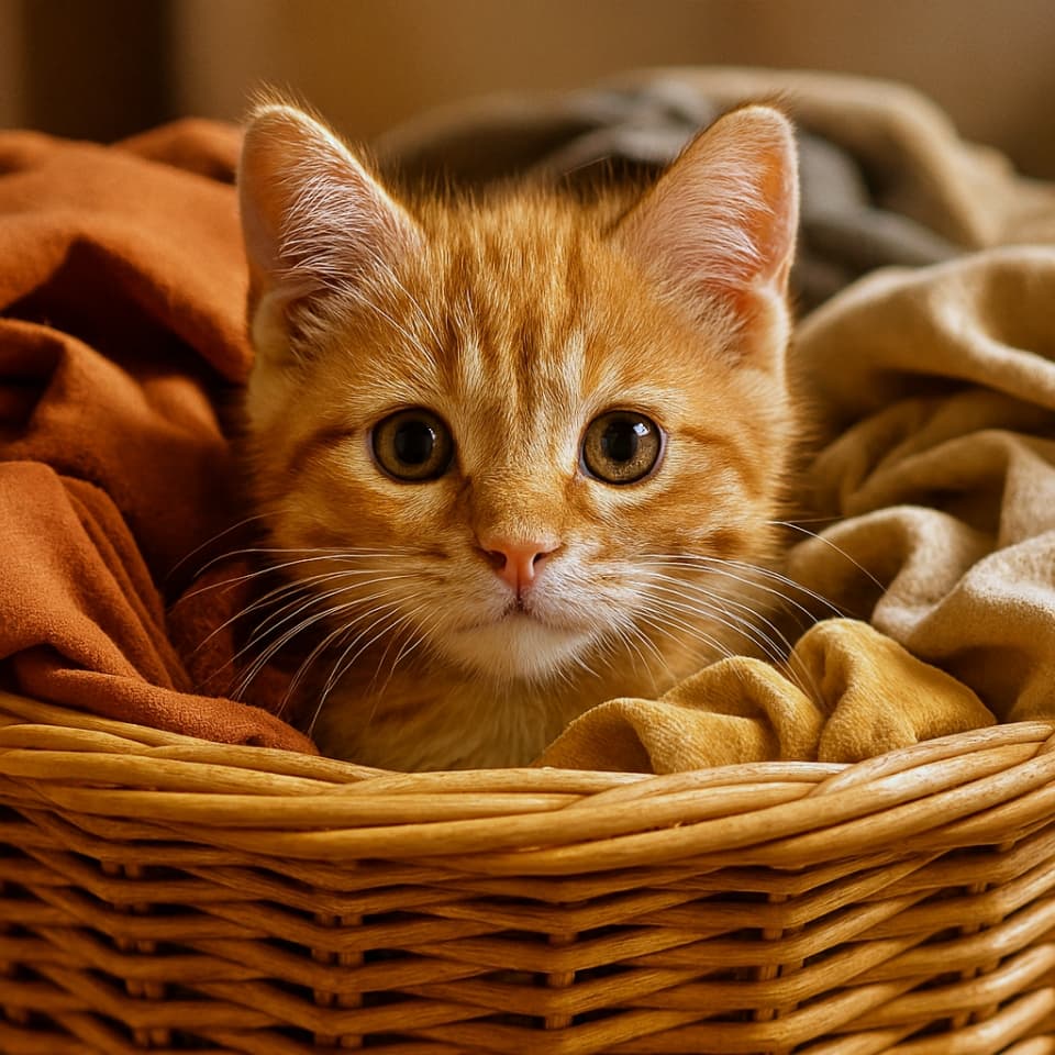 洗濯物が入ったランドリーバスケットから、子猫が顔をひょっこり出している(Copilot)