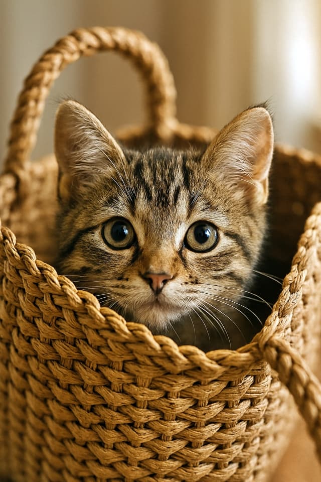 編み込みのカゴバッグの口から、明るい目で子猫が顔を出している(Copilot)