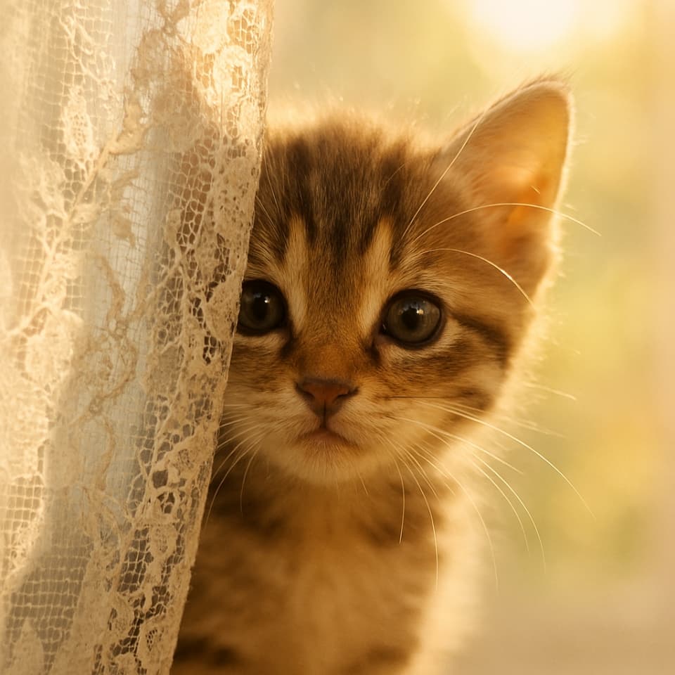 繊細なレースカーテン越しに、子猫の顔が半分隠れて見えている(Copilot)