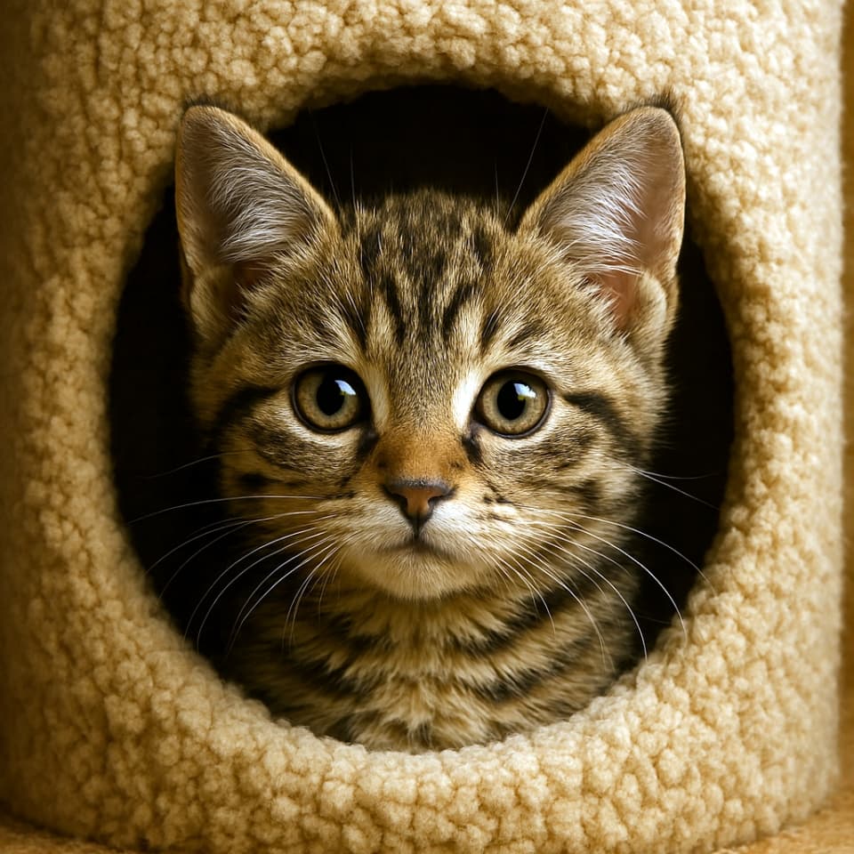 キャットタワーの丸い穴から耳を立てて見つめる子猫(copilot)