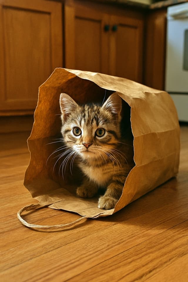 キッチンの床に置かれた茶色い紙袋から、子猫が顔をのぞかせている(copilot)