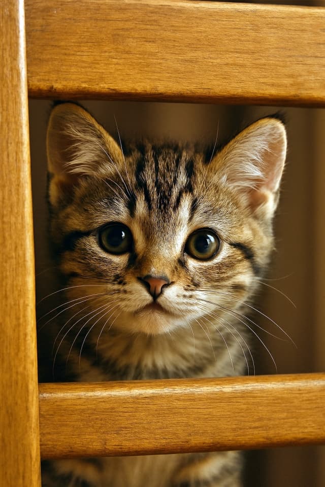 木製の椅子の背もたれの隙間から、子猫の顔がのぞいている(copilot)