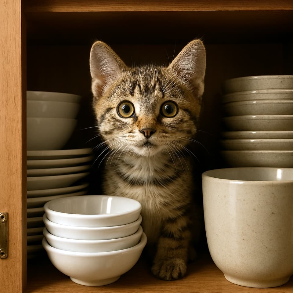 食器に囲まれたキッチンの棚の中から、子猫が好奇心いっぱいの顔を出している(copilot)