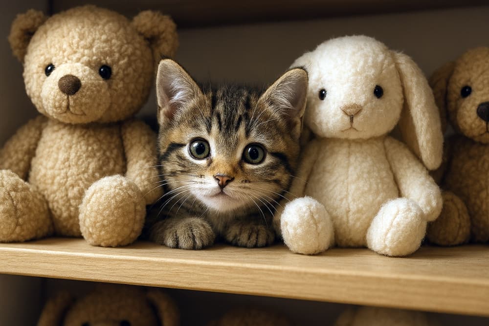 棚のぬいぐるみの間から、子猫が可愛い表情で顔を出している（copilot）