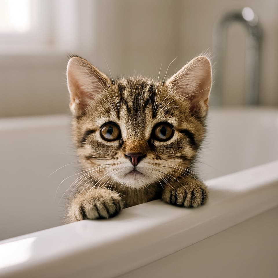 真っ白なバスタブの端から、子猫が顔をのぞかせている(copilot)