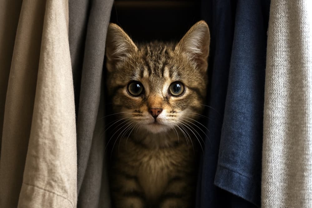 編み込みのカゴバッグの口から、明るい目で子猫が顔を出している(copilot)