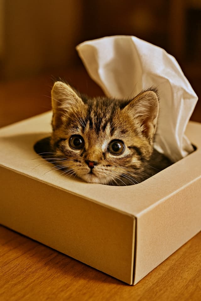 ティッシュ箱の口から、小さな子猫が顔をのぞかせている。遊び心いっぱいの瞳、超リアル、暖かな室内光(copilot)