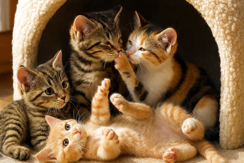 ベビーベッドの中にいる4匹の遊び好きな子猫。後ろの2匹の子猫が愛情を込めて鼻を触れ合っており、前の1匹の子猫が仰向けに寝て足を伸ばし、もう1匹の子猫が横になっている子猫の足に戯れながら触れている