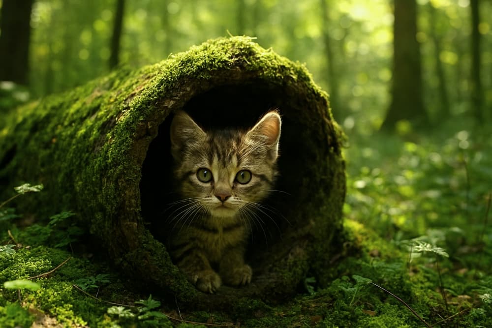 Ultra realistic 8k image of a curious kitten peeking out from a moss-covered hollow log in a lush green forest, with dappled sunlight filtering through the trees