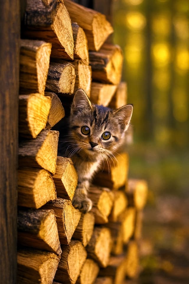 A kitten secretly peeking from the gap in the firewood - “Tabby kitten peeking out from stacked firewood outside a rustic cabin at golden hour, warm wood tones, forest bokeh background.”