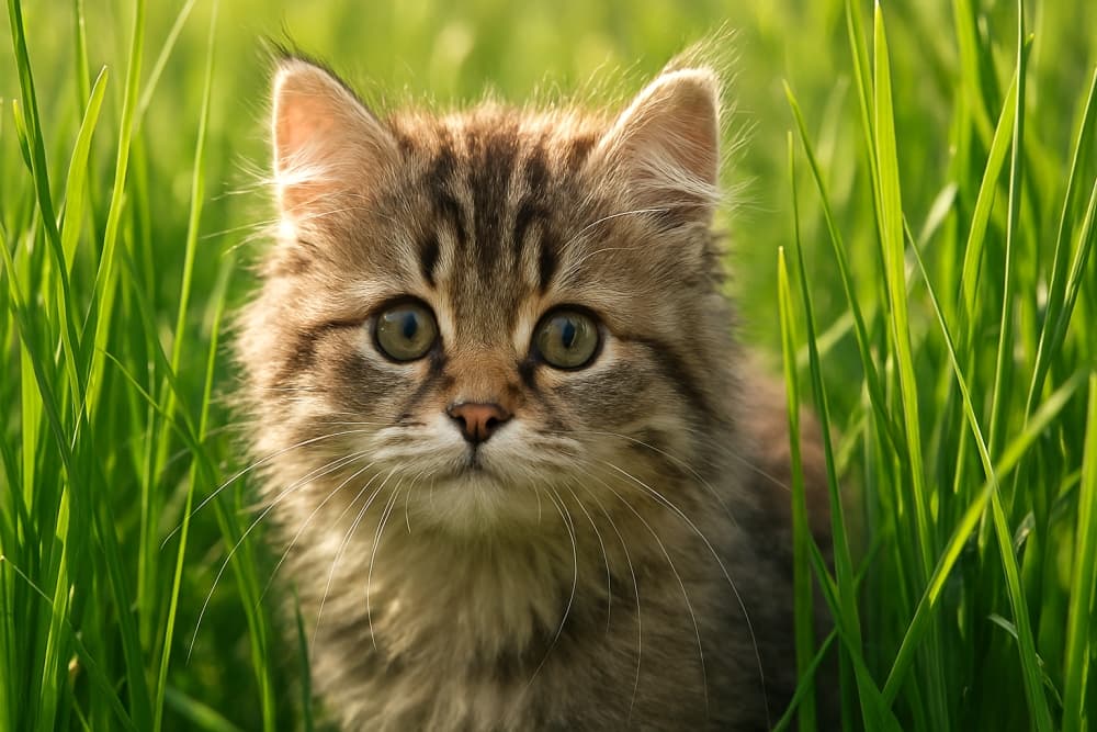 背の高い緑の草むらから、ふわふわの子猫が頭をのぞかせている（Copilot）