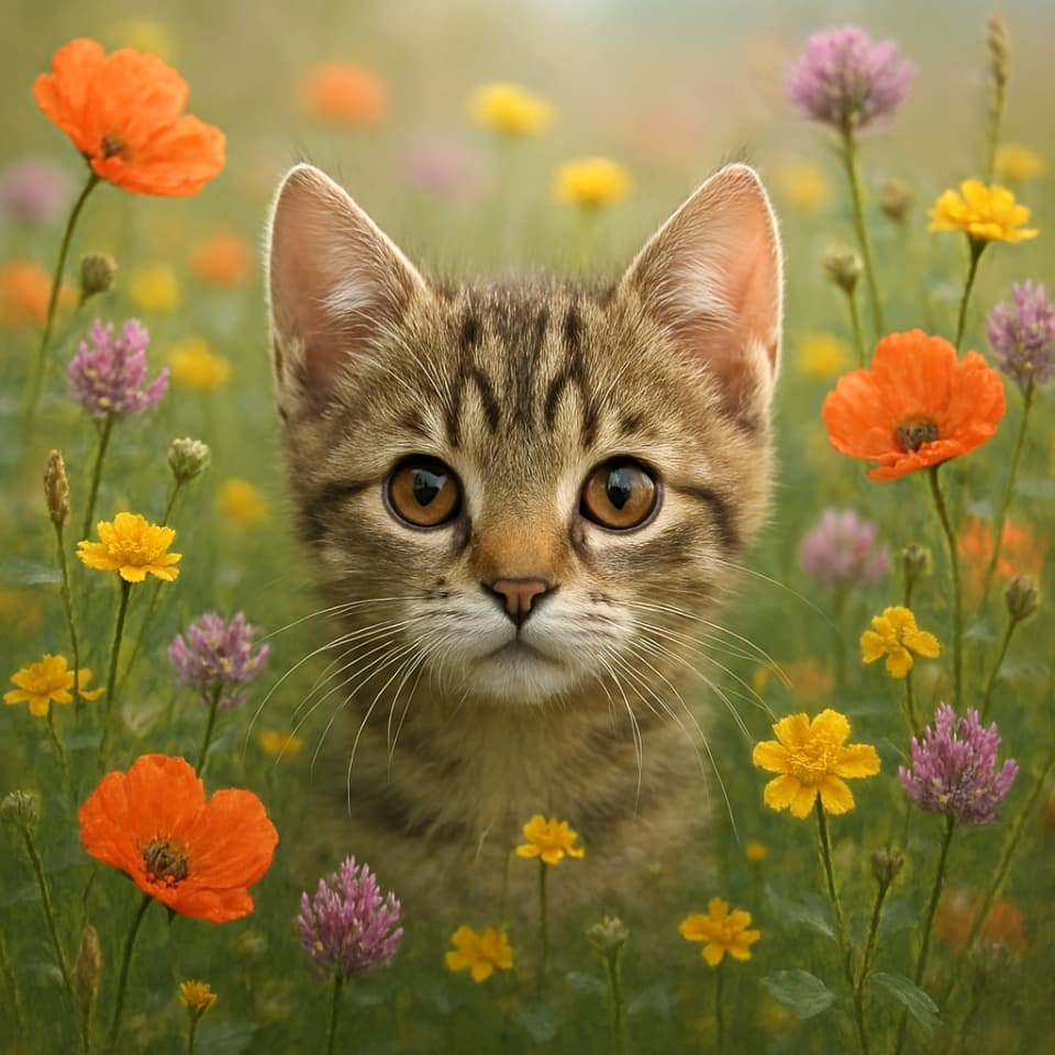 色とりどりの野花の間から、好奇心いっぱいの子猫の顔がのぞいている（Copilot）