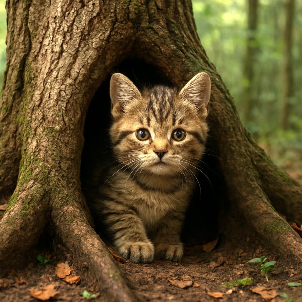 古い木の根元の洞から、子猫が顔をのぞかせている（Copilot）