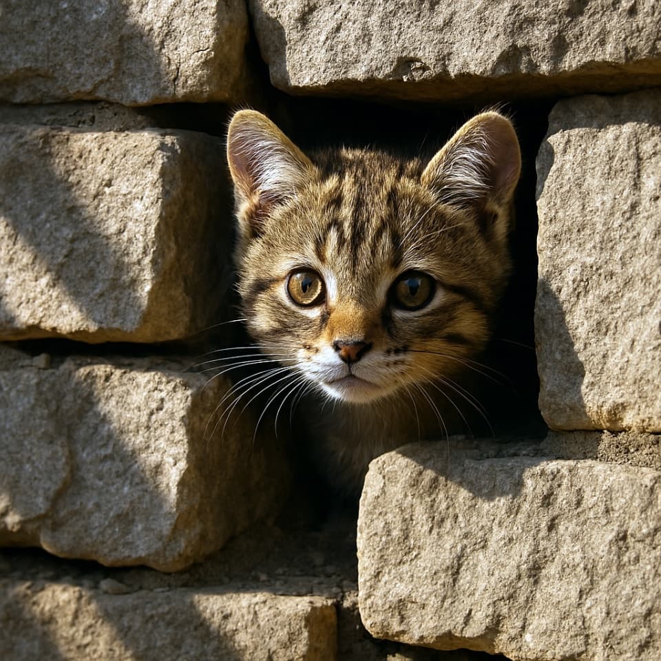 石垣の隙間から、子猫の頭がのぞいている（Copilot）
