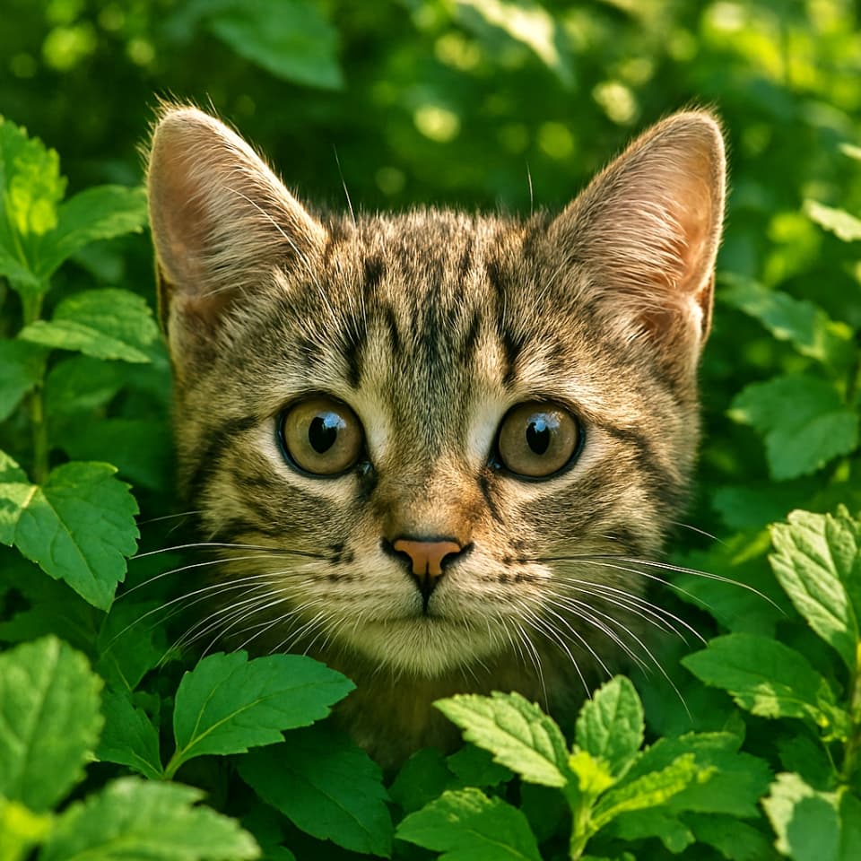 青々と茂る低木の中から、目と耳だけを見せる子猫（Copilot）