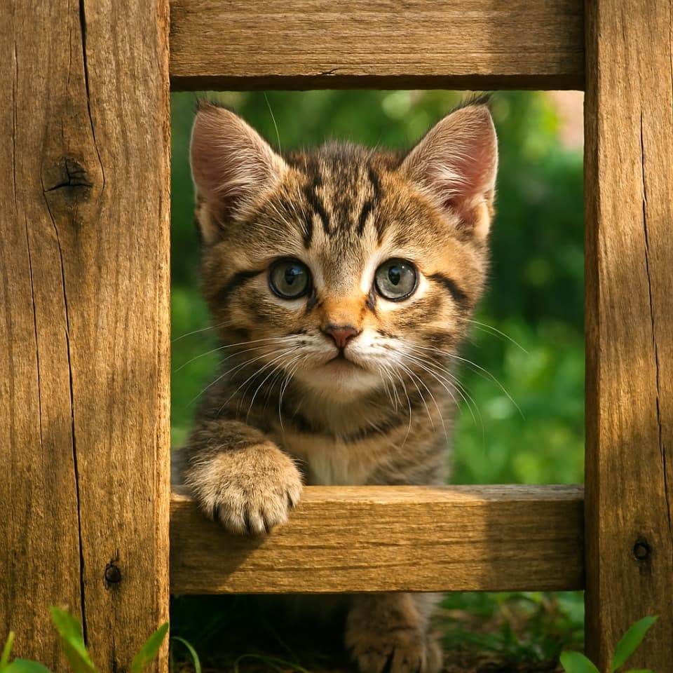 木製のガーデンフェンスのすき間から、子猫が明るい瞳でのぞいている（Copilot）