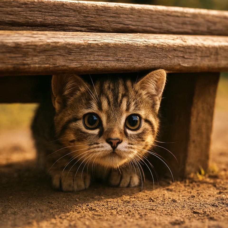木製の公園ベンチの下から、子猫が顔をのぞかせている（Copilot）