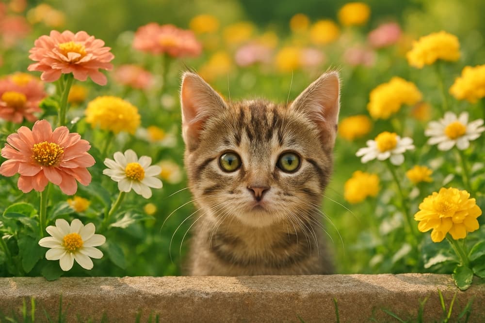 花壇の端から、咲き誇る花に囲まれて子猫が顔をのぞかせている（Copilot）