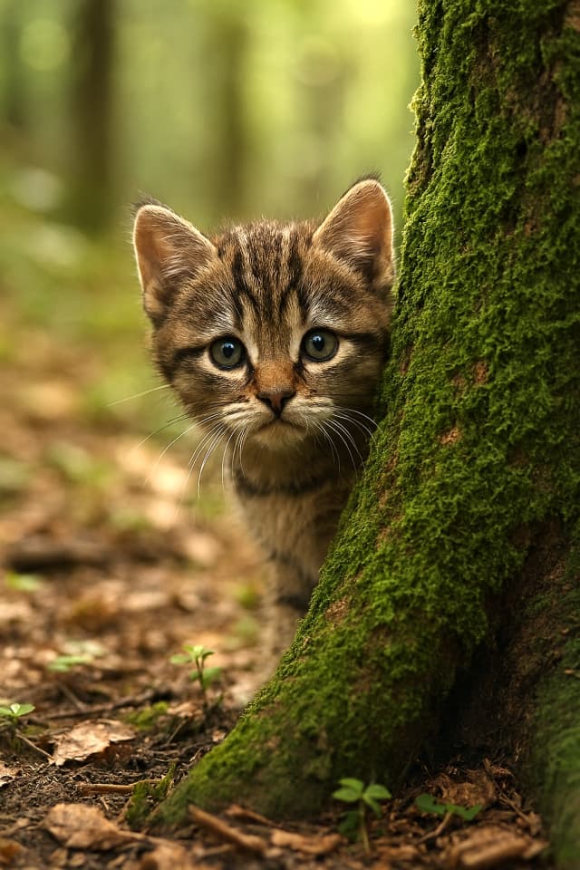 苔むした切り株の陰から、子猫が顔をのぞかせている（Copilot）