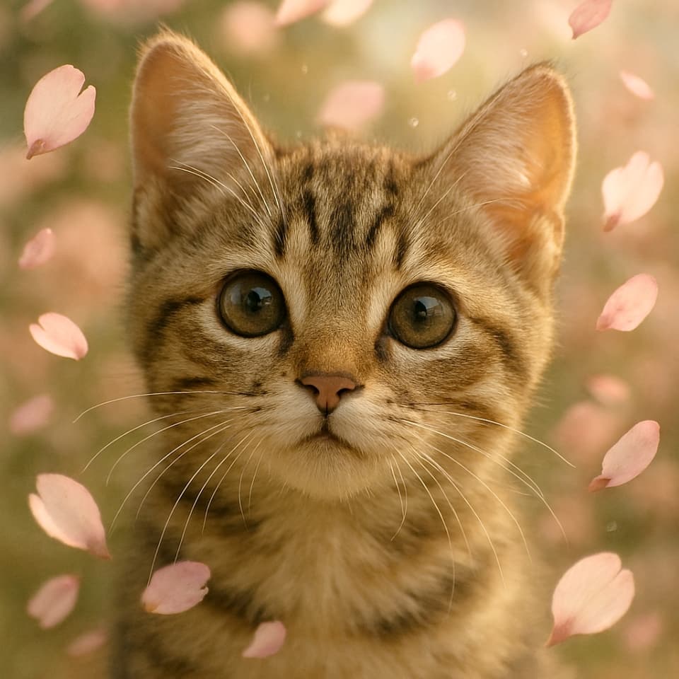 舞い散る桜の花びらに囲まれて、子猫の顔が見える（Copilot）