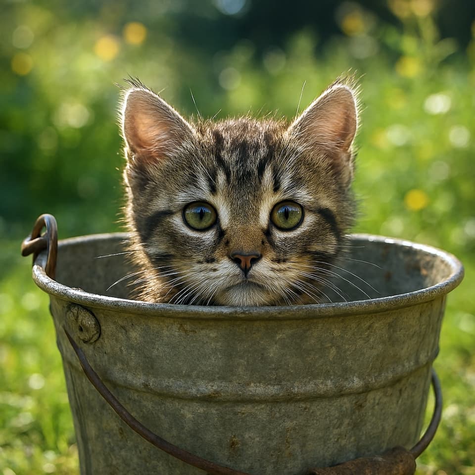 庭に置かれた素朴な金属バケツの中から、子猫が顔をのぞかせている（Copilot）