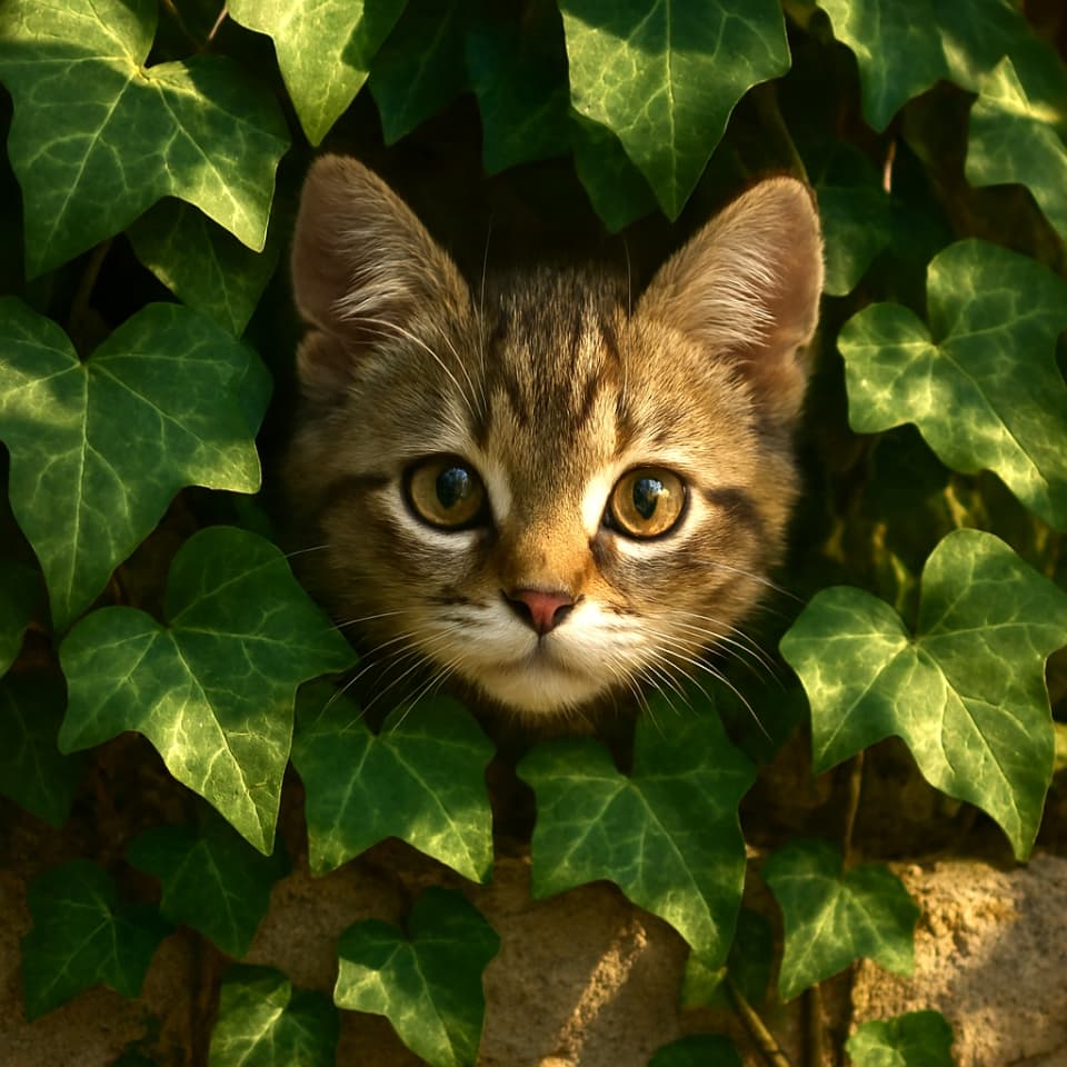 庭の壁に絡むツタの葉の間から、子猫の好奇心あふれる瞳が見えている（Copilot）