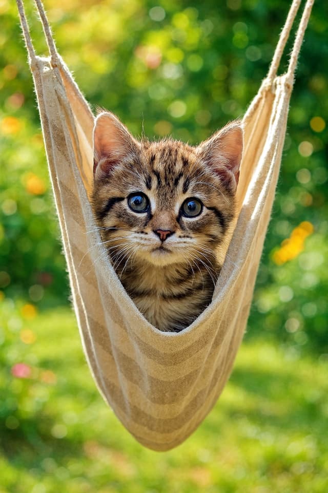 庭に吊るされた布製ハンモックから、子猫が顔をのぞかせている（Copilot）