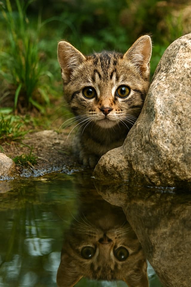 小さな池のそばの岩陰から、子猫の頭がのぞいている（Copilot）