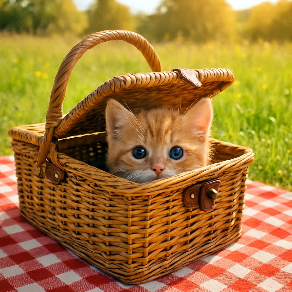 格子柄のブランケットの上、開いたピクニックバスケットから子猫が顔をのぞかせている（Copilot）