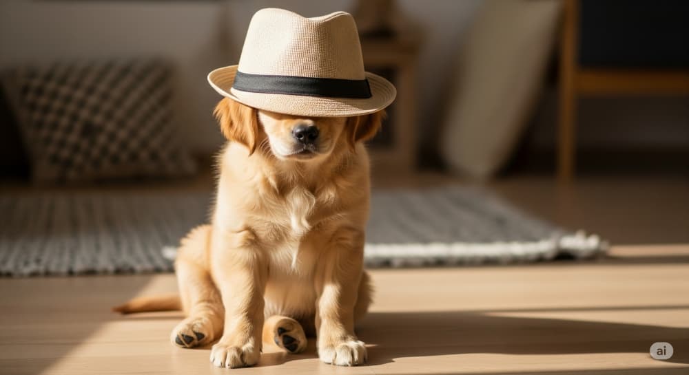 帽子で前が見えない子犬