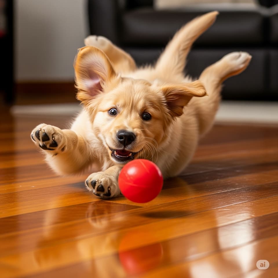 滑る子犬