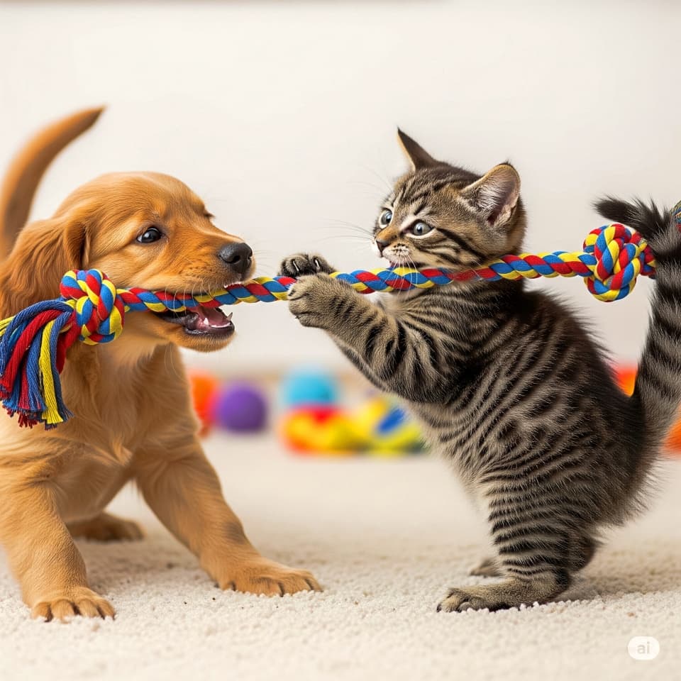 子犬と子猫の引っ張りっこ