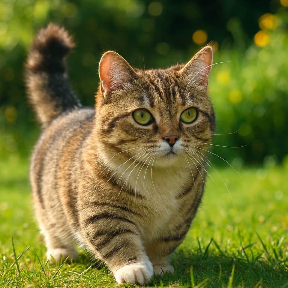 日差しの差す庭を歩く大人のマンチカン猫（Copilot）