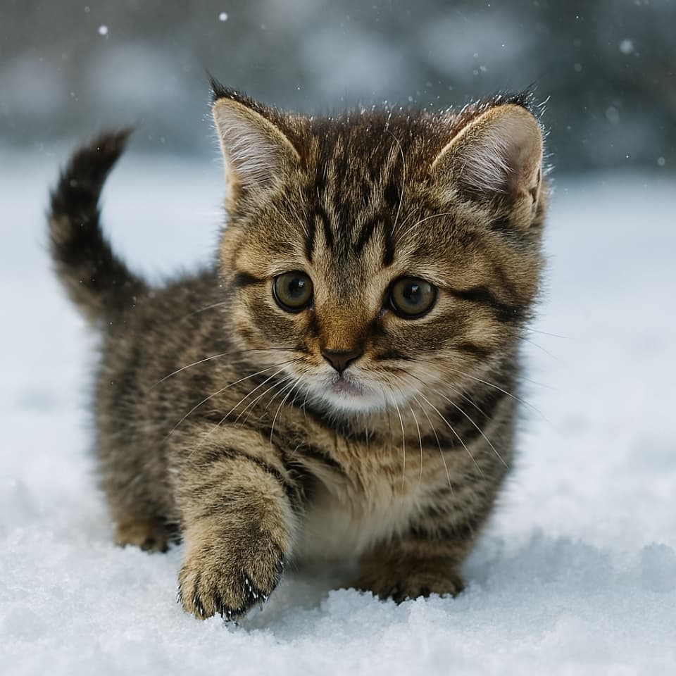 初めて雪に触れるマンチカンの子猫（Copilot）