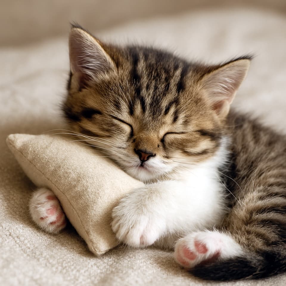 小さな枕を抱えて眠るマンチカンの子猫（Copilot）