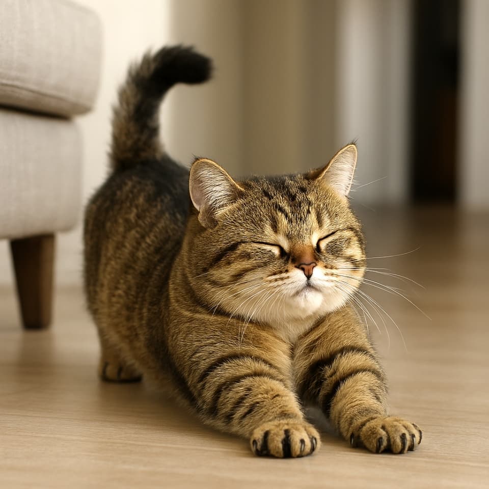 起きた後に体を伸ばす大人のマンチカン猫（Copilot）