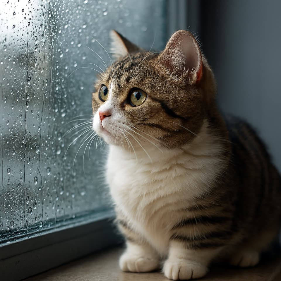窓の雨粒を見つめるマンチカン猫（Copilot）