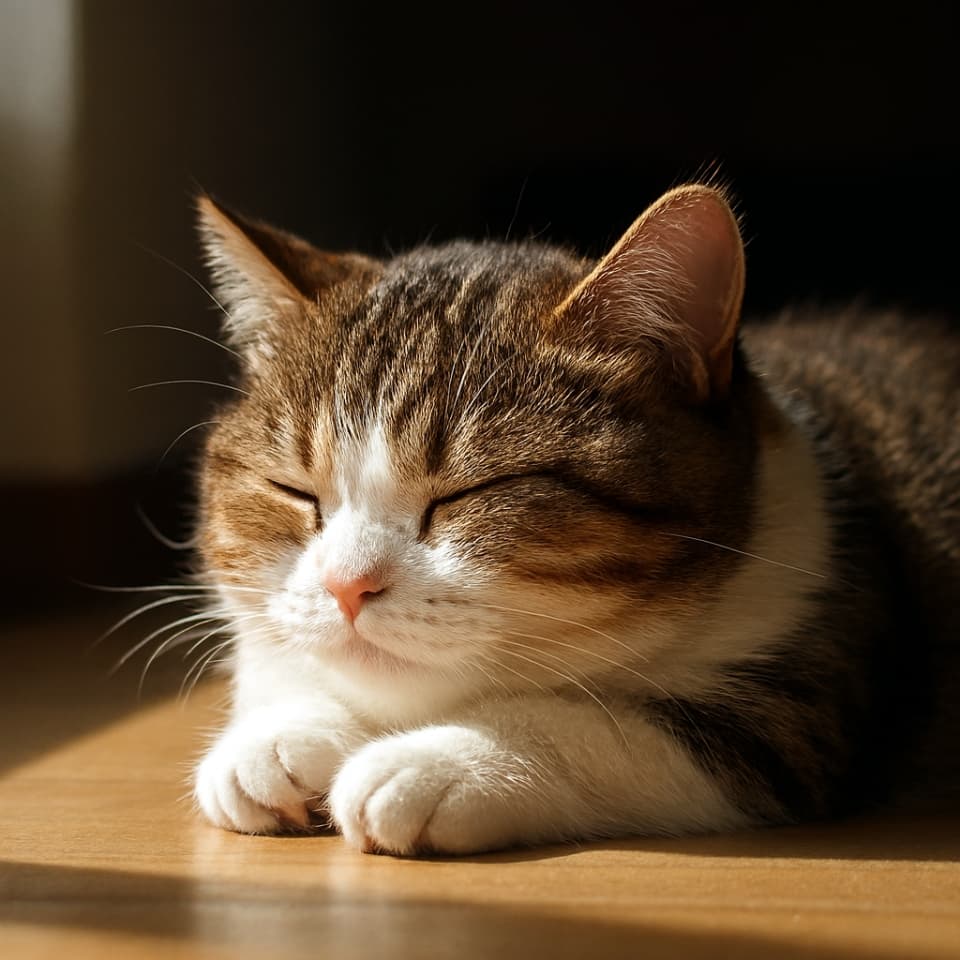 日だまりで眠るマンチカン猫（Copilot）