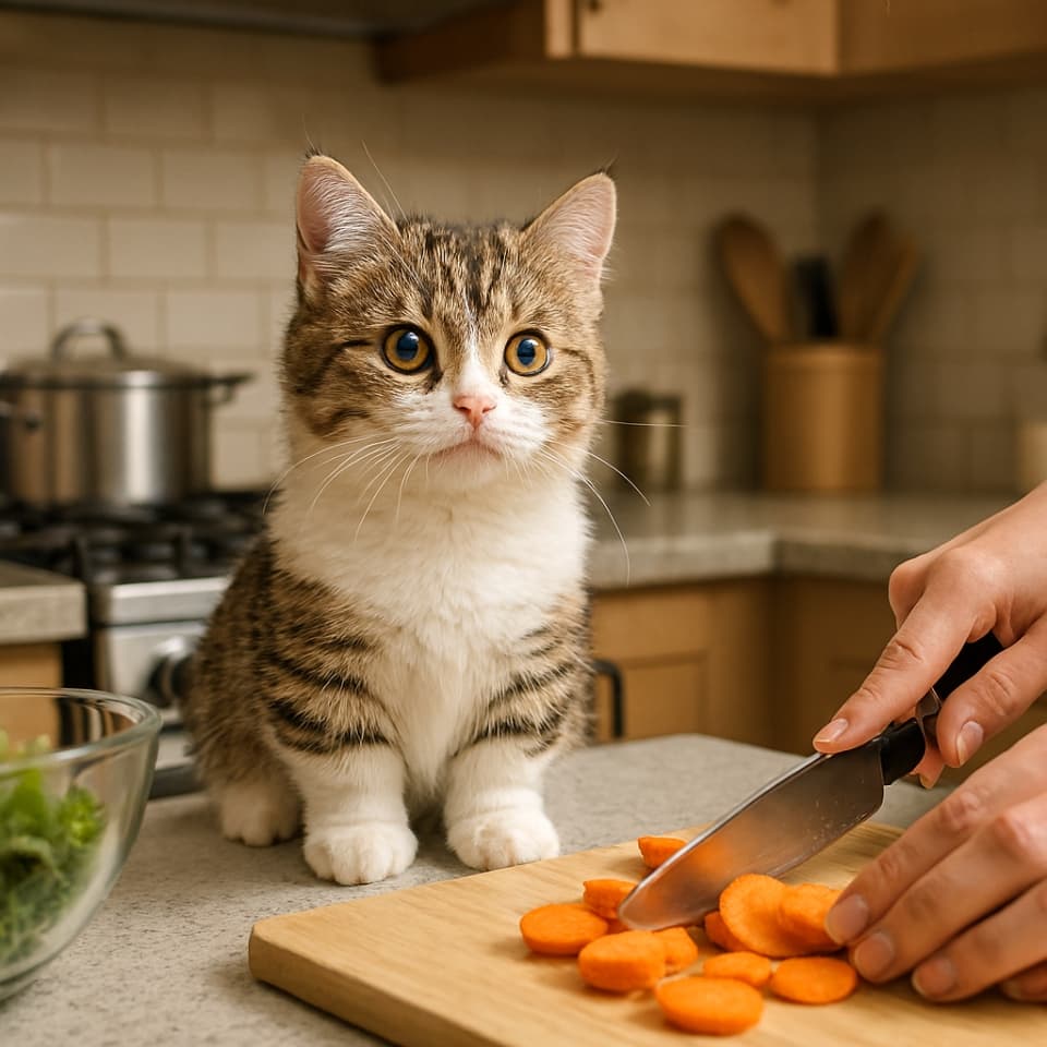 キッチンカウンターに座り料理を見ているマンチカンの子猫（Copilot）