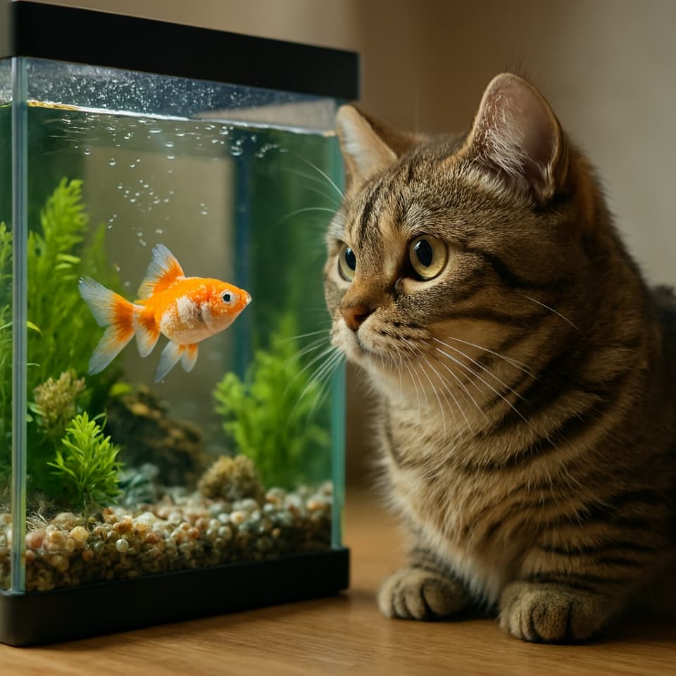水槽をじっと見つめるマンチカン猫（Copilot）