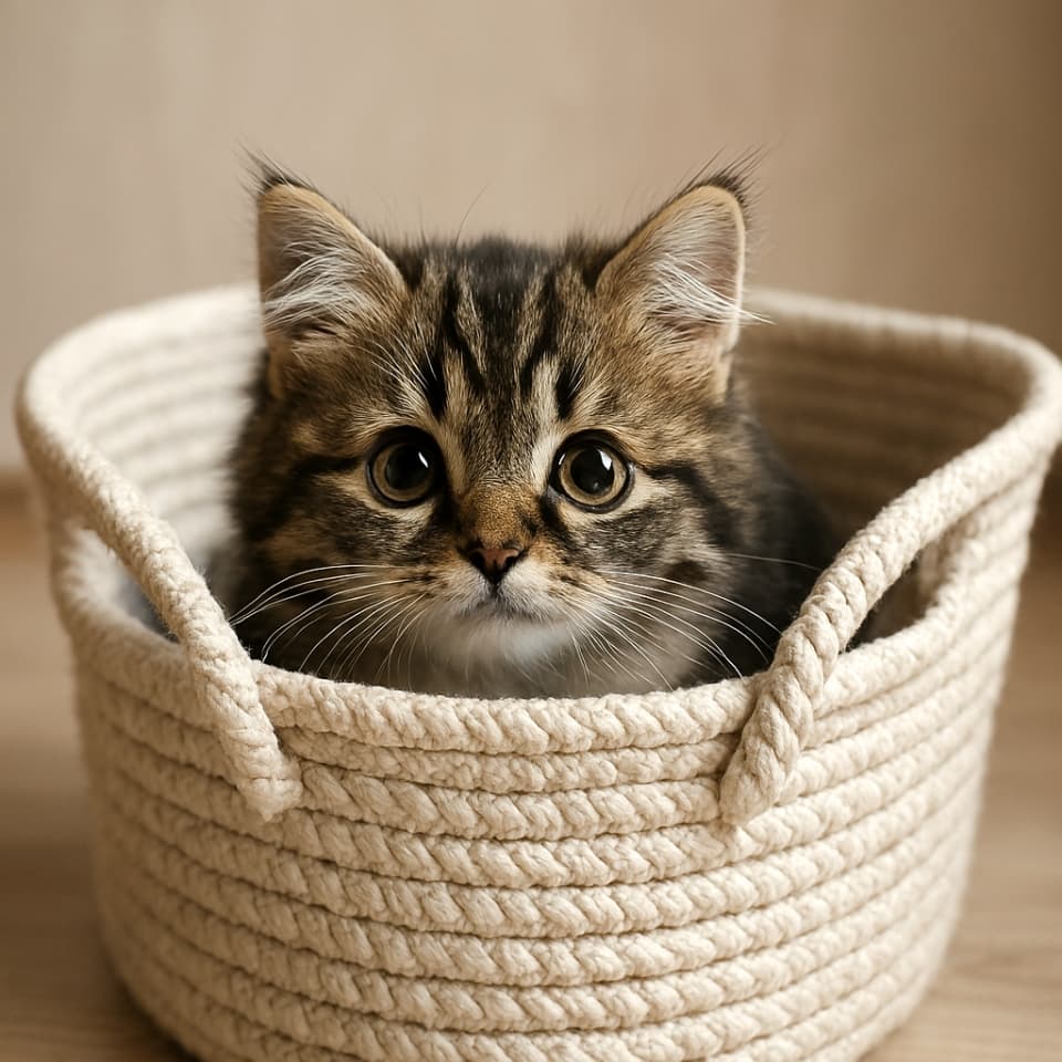 洗濯かごの中に隠れるマンチカンの子猫（Copilot）