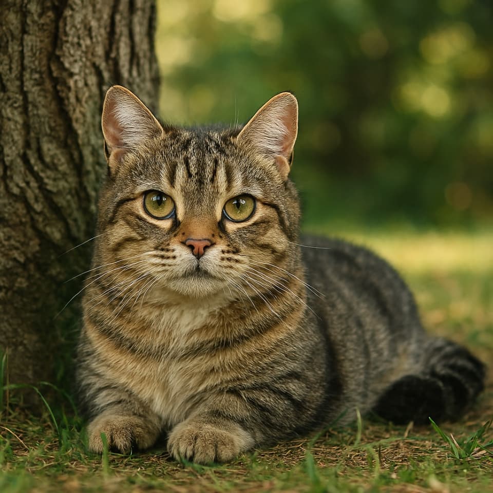 木陰で休む大人のマンチカン猫（Copilot）